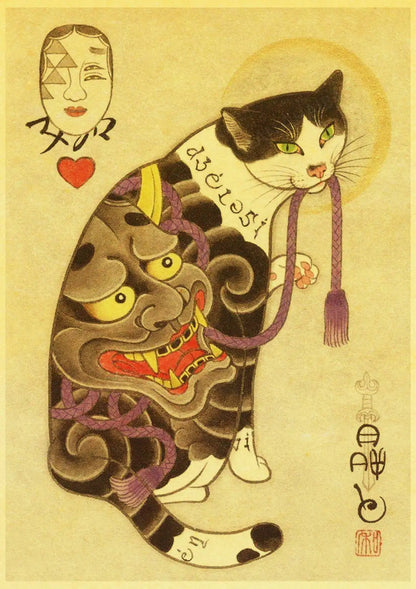 Japanese Samurai Cat Ramen Posters - Kanju Decor