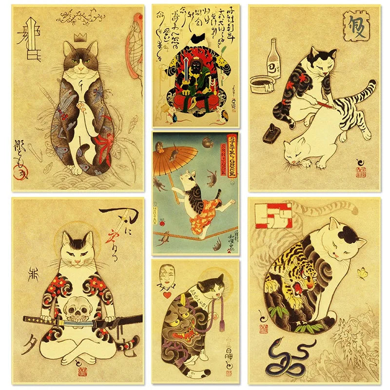 Japanese Samurai Cat Ramen Posters - Kanju Decor